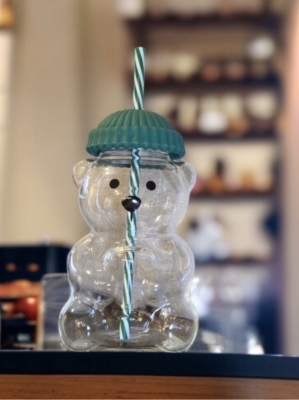 Bearista Clear Glass Bear Cup Green Ribbed Lid Striped Straw World Cup